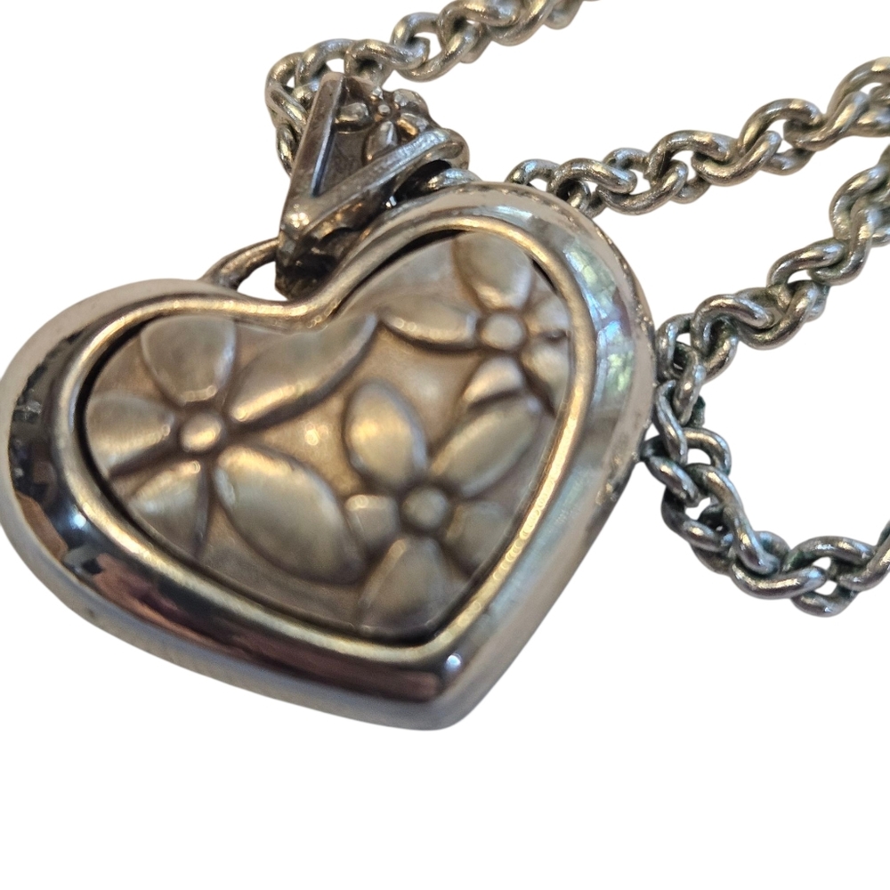 Btighton Sweet Embrace Silver Tone Puffy Heart Crystal Flower Pendant Necklace.
